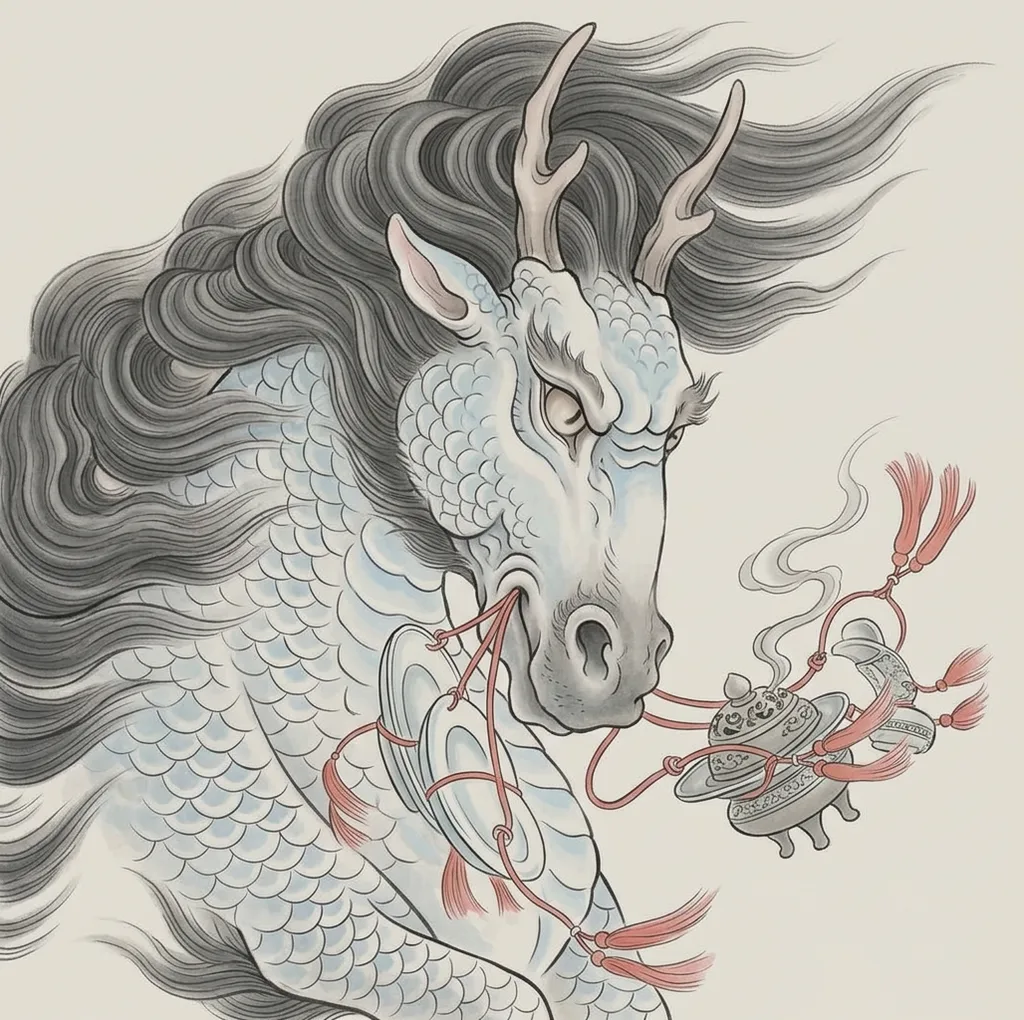 Dragon horse tattoo design, Chinese traditional style, large size for the full back, thigh or full sleeve, a white dragon horse with dark mane, holding a censer and cymbals in its mouth with red tassels