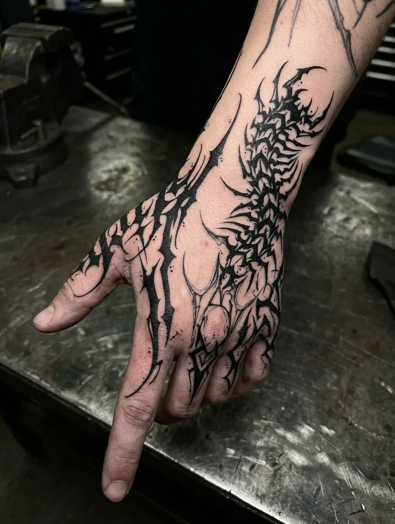 Abstract shapes tattoo design for men, cyber sigilism style, on the hand, dark, jagged shapes extending from wrist to fingers