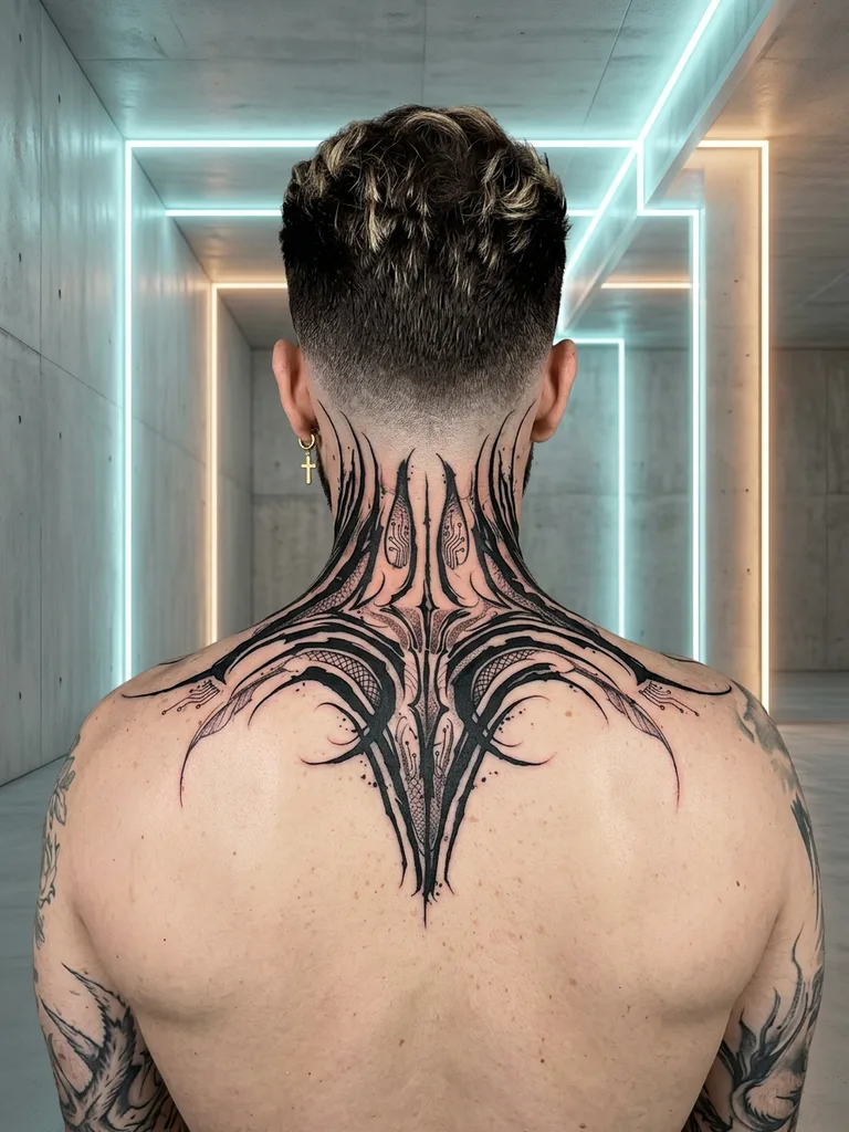 Abstract pattern tattoo design for men, cyber sigilism style, on the neck, with sharp points and swirling lines extending onto the shoulders