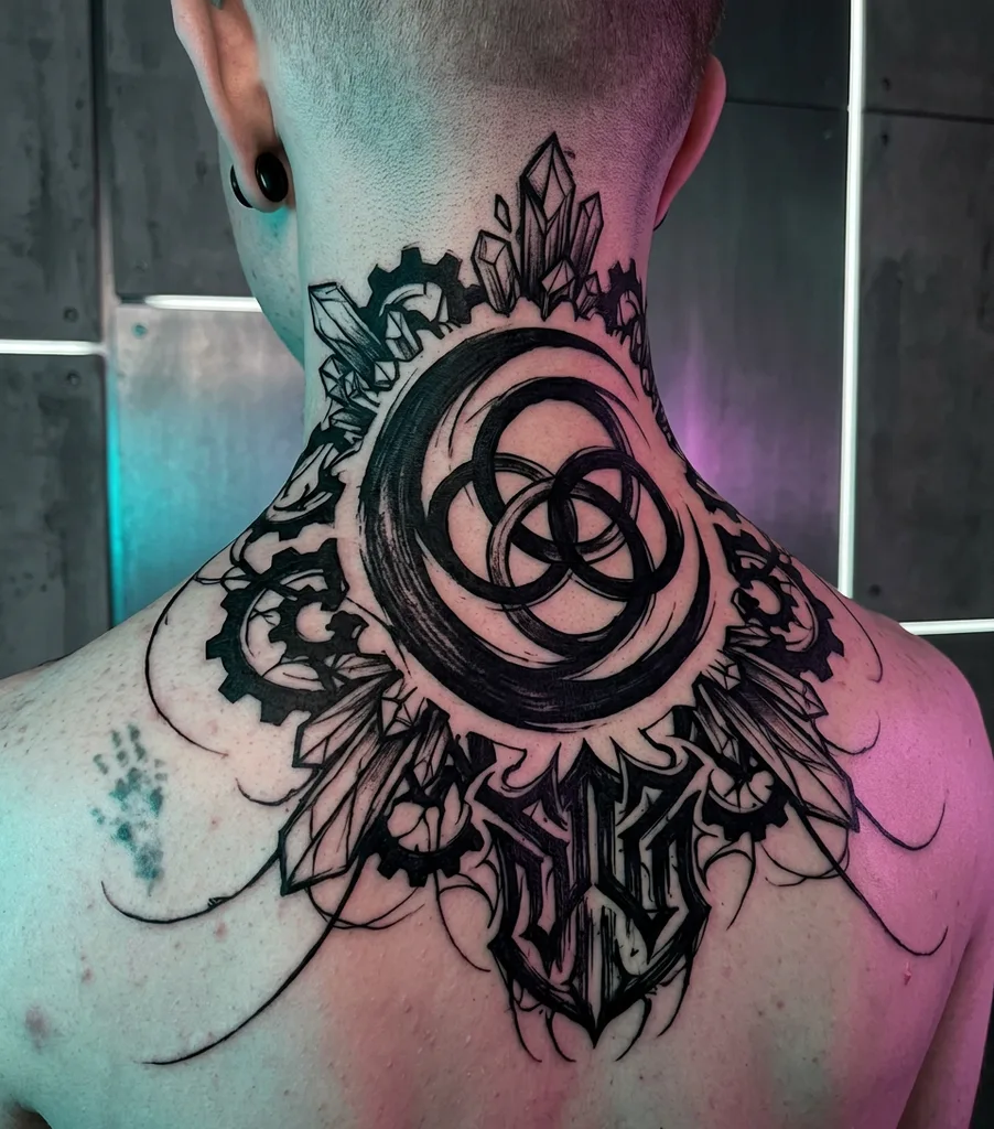 Celtic knot tattoo design for men, cyber sigilism style, on the neck, surrounded by gears, crystals, and a shield-like emblem with black ink strokes