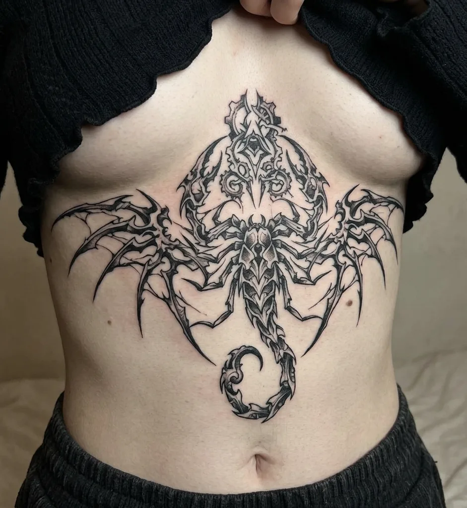 Scorpion tattoo design for women, cyber sigilism style, on the sternum, with intricate, wing-like formations and detailed carapace designs extending across the ribs
