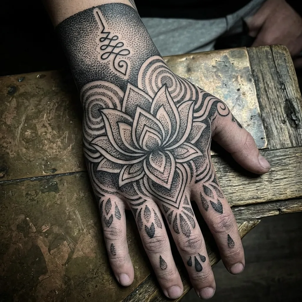 Lotus flower tattoo design for men, dotwork style, on the hand, on a hand and wrist, with a spiral pattern and unalome symbol