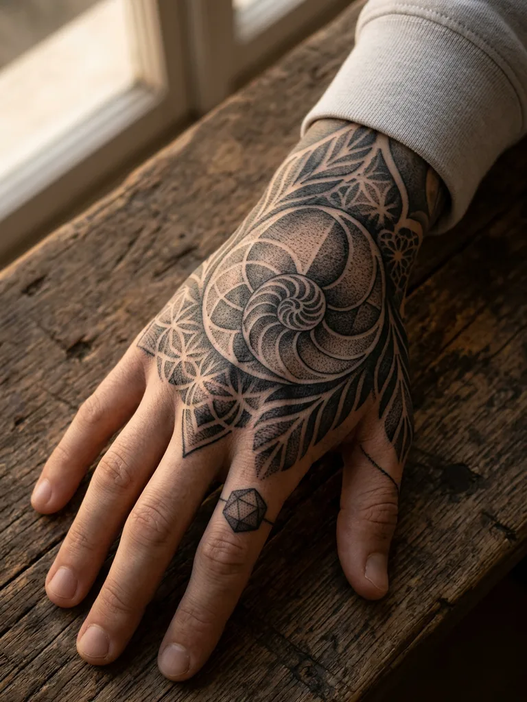 Spiral shell tattoo design for men, dotwork style, on the hand, with geometric patterns and leaves, extending onto the wrist and fingers