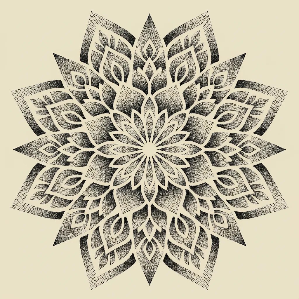 dotwork-large-unisex-mandala-04a Mandala tattoo design, dotwork style, large size for the back, chest or thigh, with a floral pattern and layered petals, shaded in black and grey