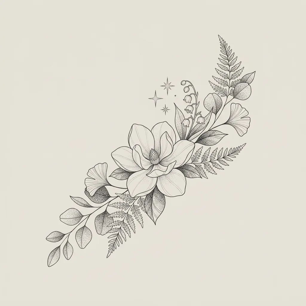 dotwork-medium-unisex-flowers-03a Flowers tattoo design, dotwork style, medium size for the forearm, thigh or rib, with a magnolia bloom, lily of the valley, fern leaves, and ginkgo leaves, with stars