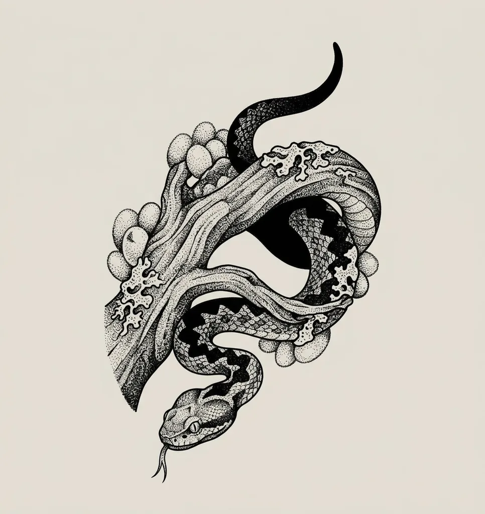dotwork-medium-unisex-snake-16a Snake tattoo design, dotwork style, medium size for the forearm, calf or thigh, coiled around a branch with a clutch of eggs, rendered in stippling and solid black