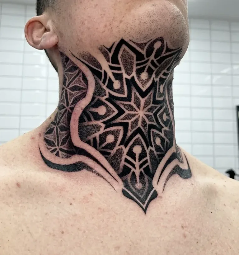 Mandala tattoo design for men, dotwork style, on the neck, with complex patterns and geometric shapes