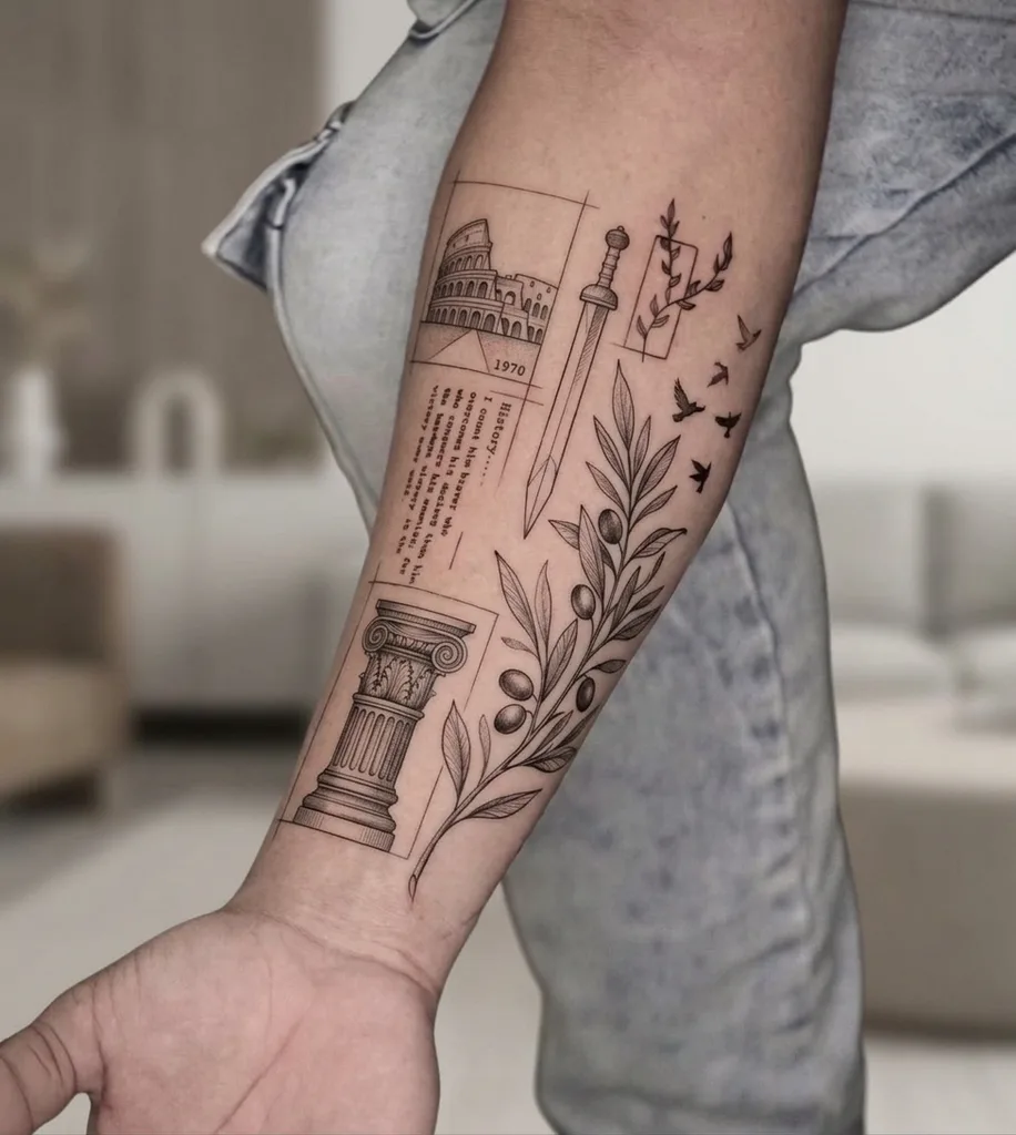 Olive branch tattoo design for men, fine line style, on the forearm, with architectural elements, a sword, and flying birds in sketchy outlines