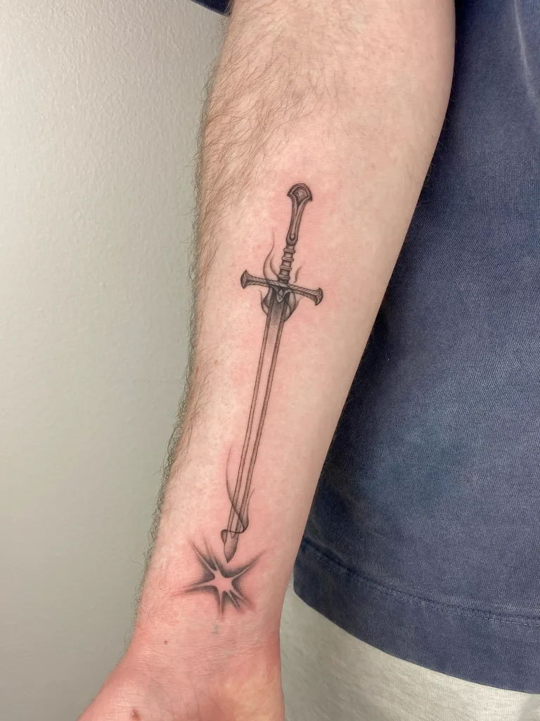 Sword and star tattoo design for men, fine line style, on the forearm, a long ornate sword running down the inner forearm, with a small star below the tip