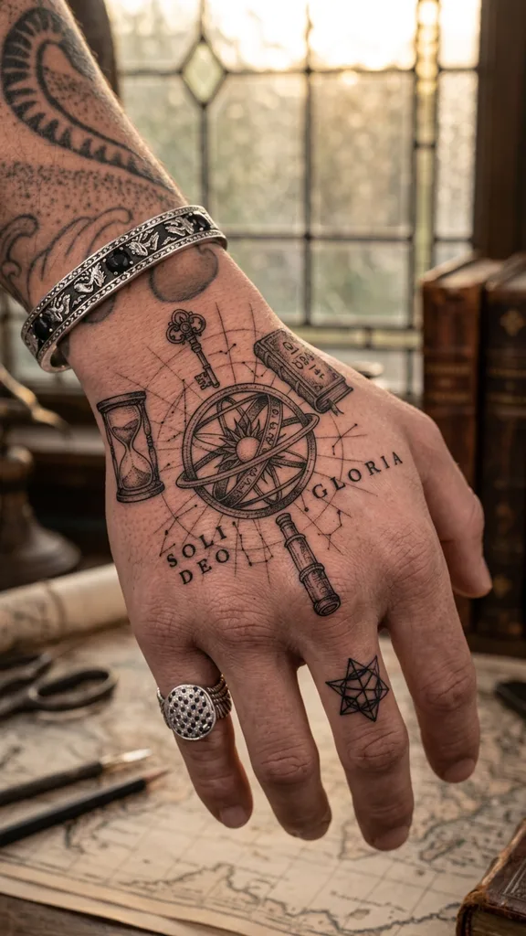 Armillary sphere tattoo design for men, fine line style, on the hand, with an hourglass, key, book, and telescope, connected by dotted lines