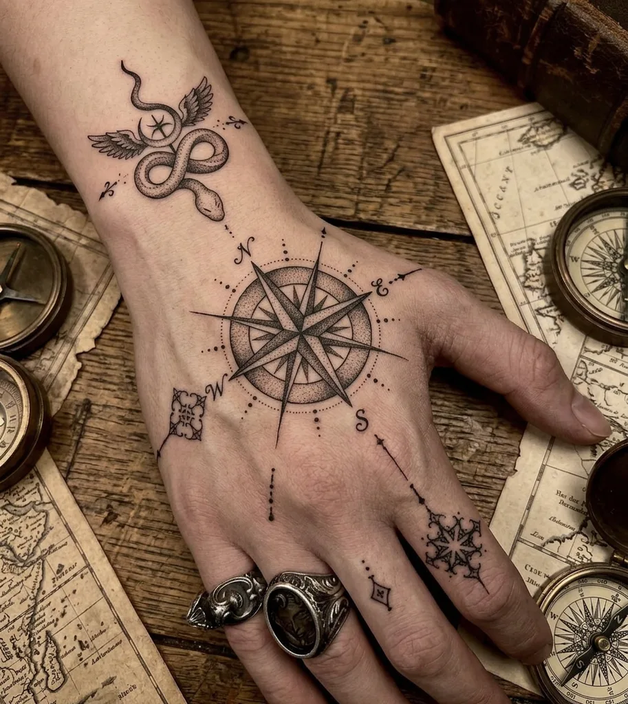 Compass snake tattoo design for men, fine line style, on the hand, on the back of the hand, with a winged snake on the wrist