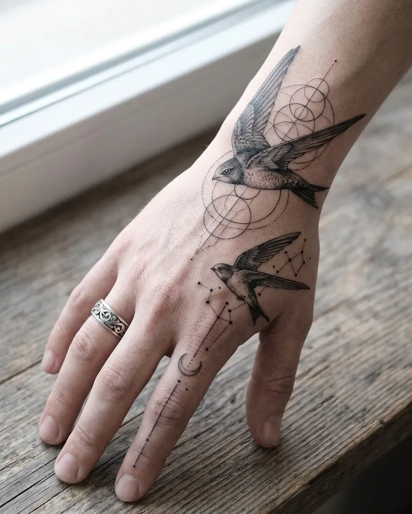 Swallow birds tattoo design for men, fine line style, on the hand, in flight with geometric shapes and constellation elements
