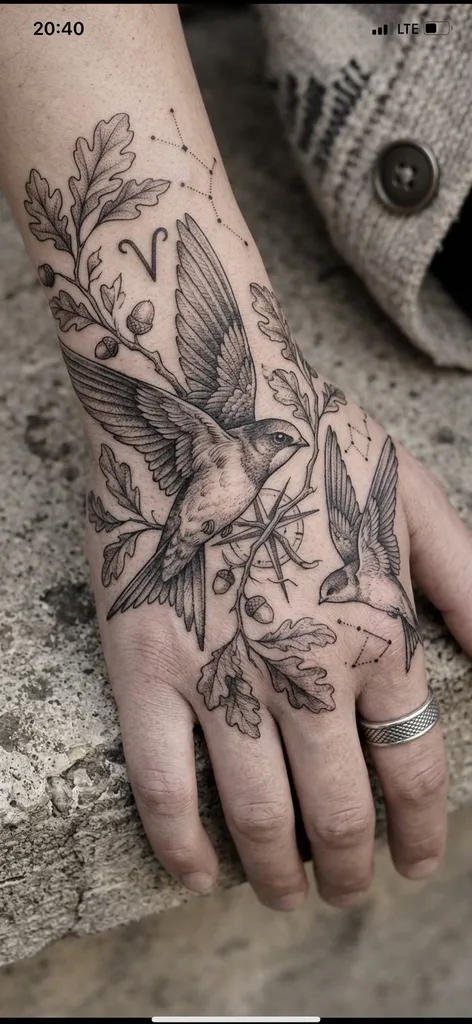 Swallow birds tattoo design for men, fine line style, on the hand, flying over oak branches with acorns and constellation patterns
