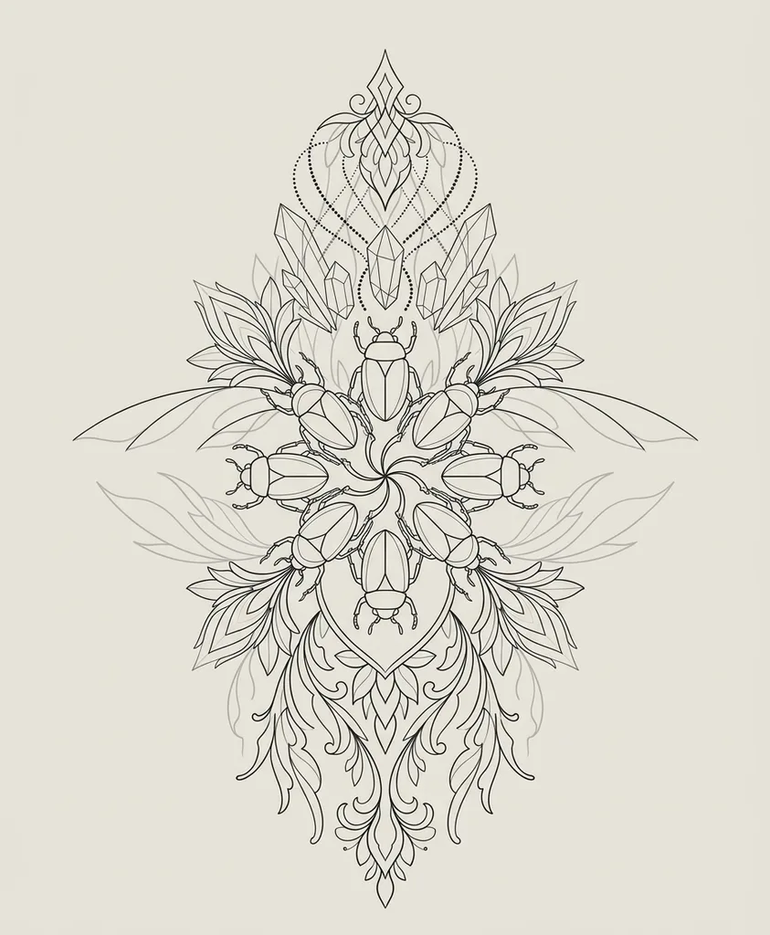 fine-line-large-unisex-scarab-beetles-05a Scarab beetles tattoo design, fine line style, large size for the sternum, back or thigh, in a symmetrical ornamental design with crystals and filigree elements