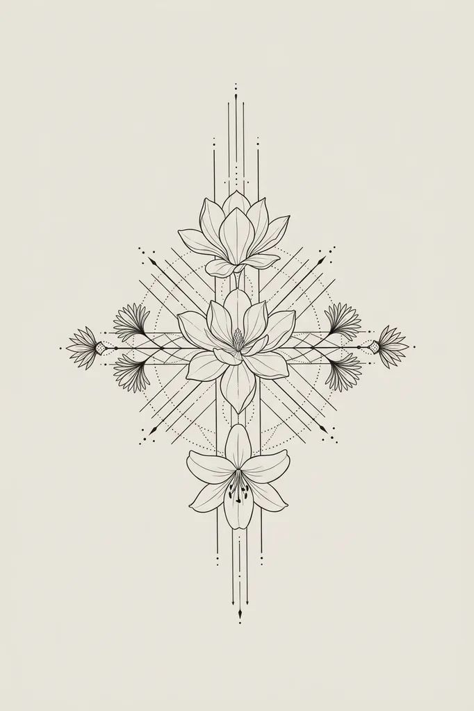 fine-line-large-women-flowers-06a Flowers tattoo design for women, fine line style, large size for the sternum, back or thigh, with lotus and lily blossoms in a symmetrical geometric arrangement