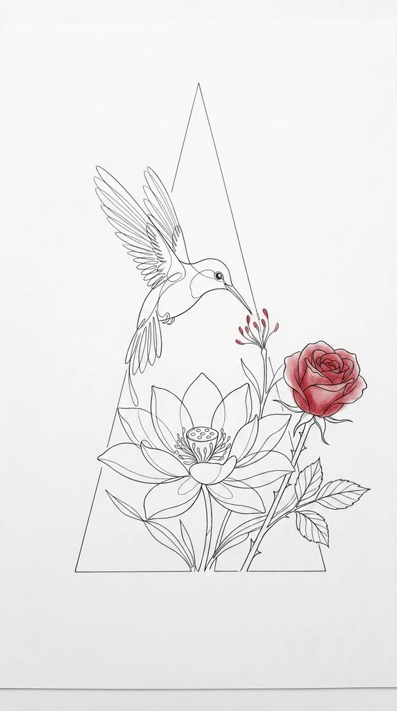 fine-line-medium-unisex-hummingbird Hummingbird tattoo design for unisex, fine line style, medium size for the forearm, calf or thigh, with a single red rose, a lotus flower, and a geometric triangle background