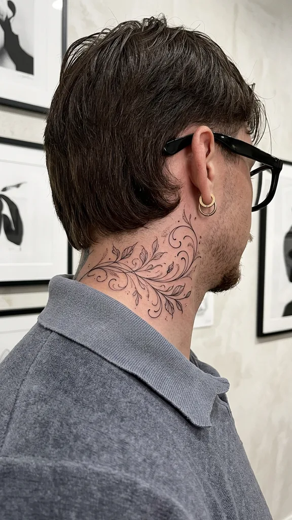 Foliage tattoo design for men, fine line style, on the neck, flowing up the side of the neck with delicate leaves