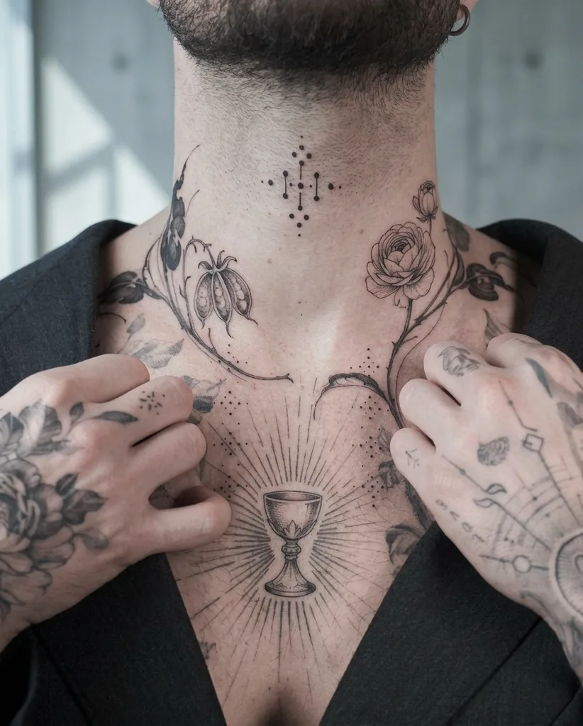 Goblet tattoo design for men, fine line style, on the neck, with radiating lines surrounded by floral elements and dotwork