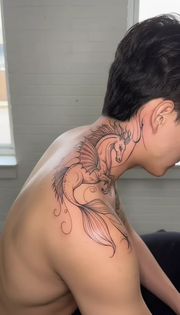 Hippocampus tattoo design for men, fine line style, on the neck, with a fish tail and winged details, extending to the upper arm