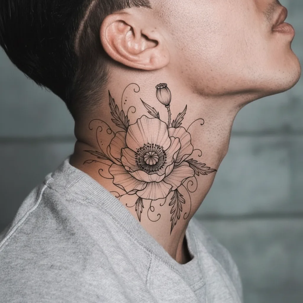 Poppy flower tattoo design for men, fine line style, on the neck, with swirling leaves and a single poppy bud