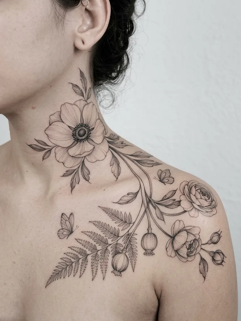 Flowers tattoo design for women, fine line style, on the neck, cascading down, with fern leaves and small butterflies