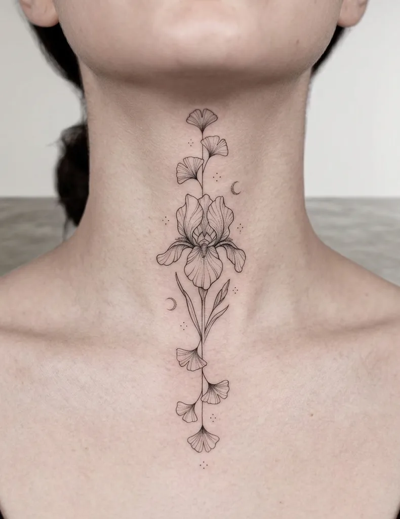 Iris flower tattoo design for women, fine line style, on the neck, with ginkgo leaves and crescent moons along the center of the throat