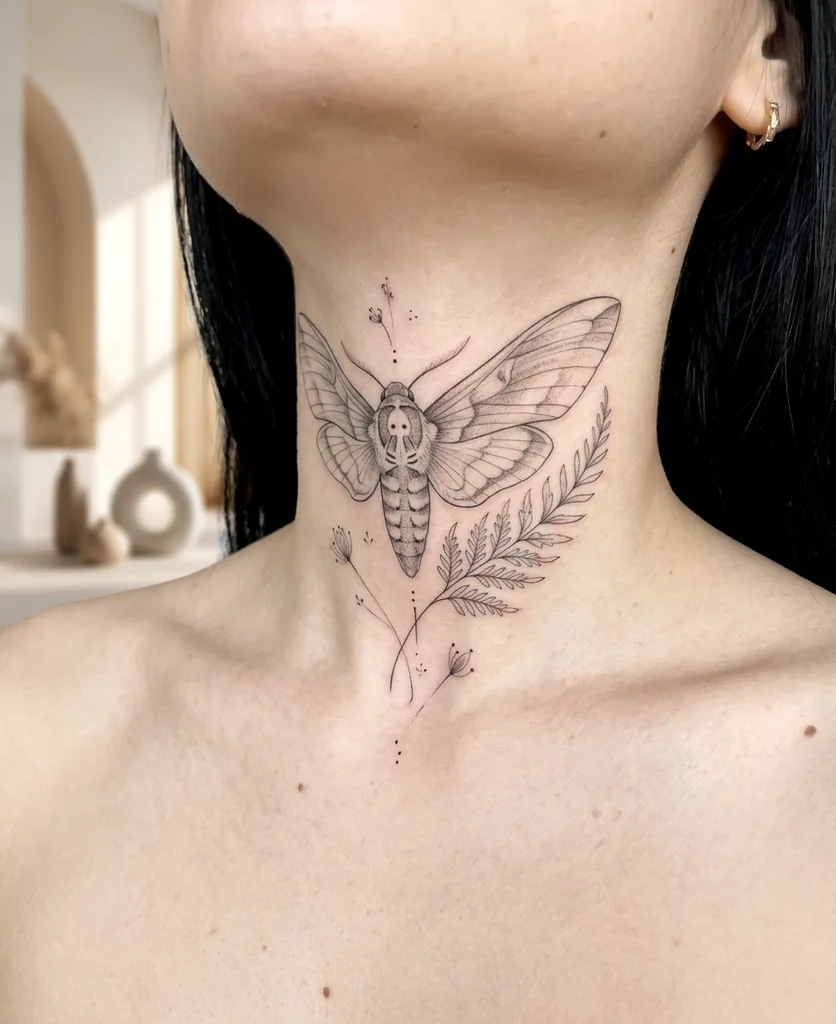 Moth tattoo design for women, fine line style, on the neck, with delicate fern leaves and dotted details, in black ink