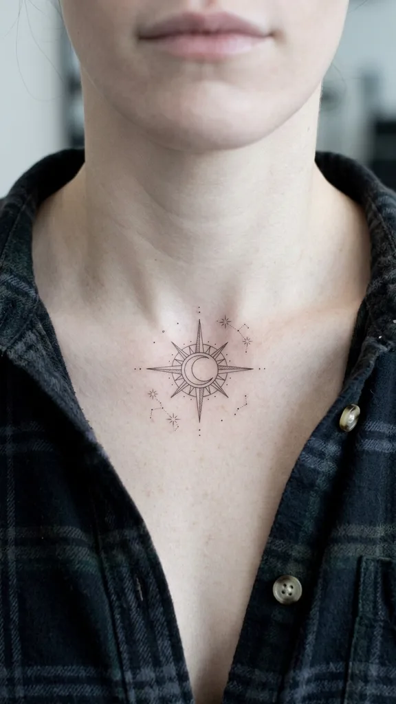 Sun and moon tattoo design for women, fine line style, on the neck, with surrounding constellations on a sunburst design
