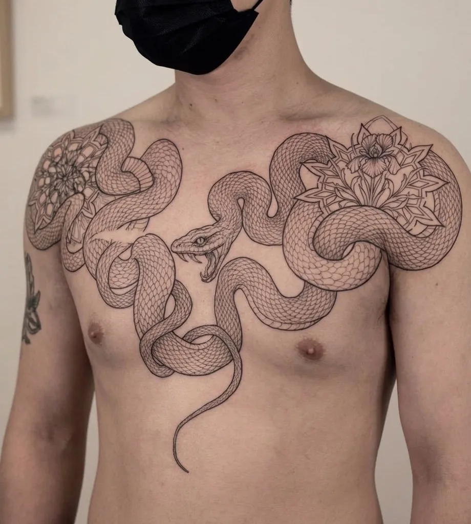 Snake tattoo design for men, fine line style, on the sternum, coiled around the chest with mandalas on the shoulders