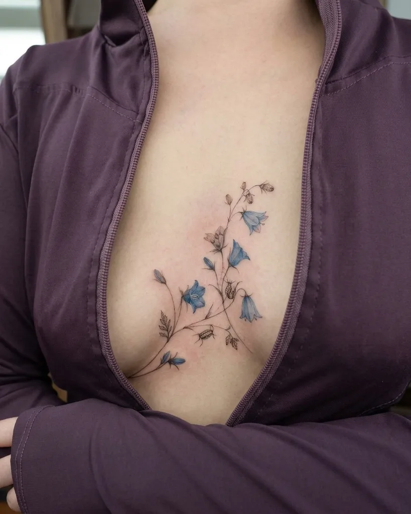 Bellflowers tattoo design for women, fine line style, on the sternum, delicate blue blossoms with green leaves and small insects climbing on the stems, placed on the sternum