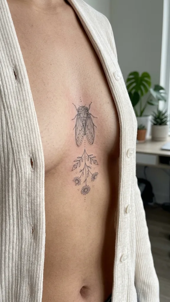 Cicada tattoo design for women, fine line style, on the sternum, in fine line with a floral stem below, on the sternum