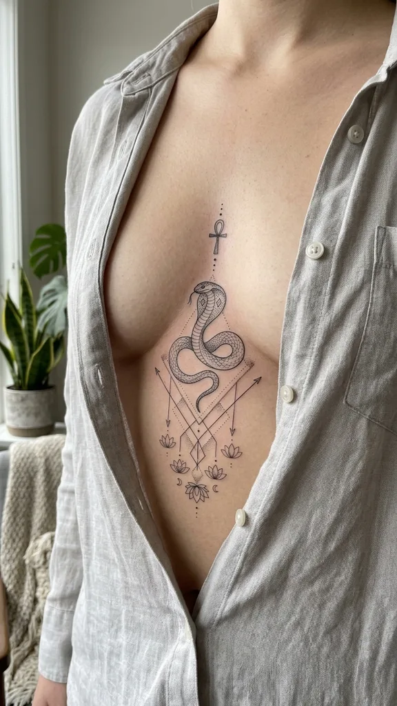 Cobra tattoo design for women, fine line style, on the sternum, with an ankh symbol and lotus flowers, in black and grey