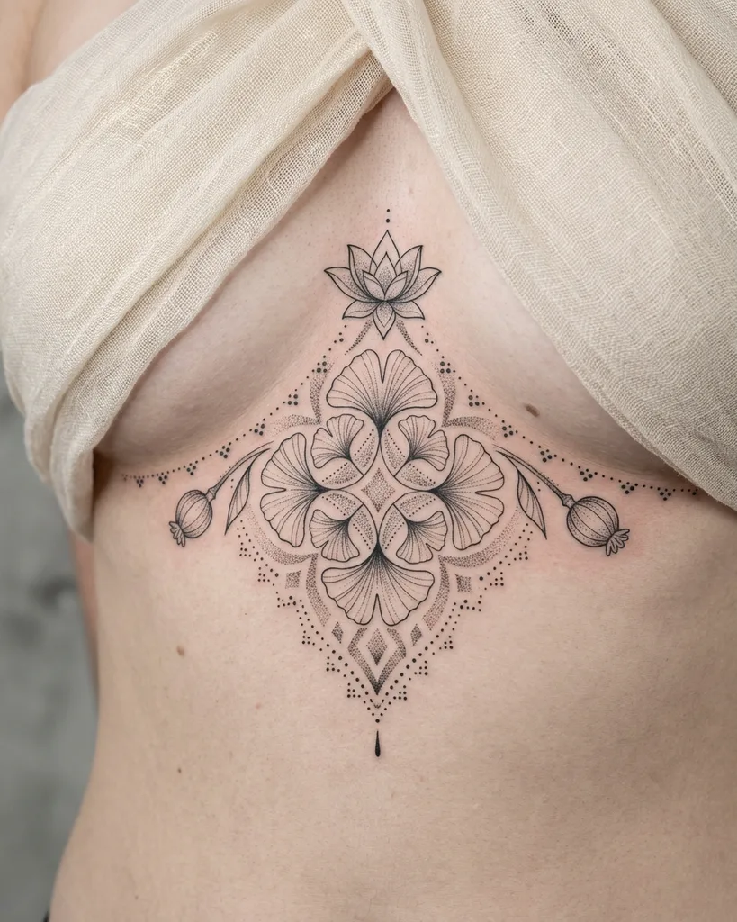 Ginkgo leaves tattoo design for women, fine line style, on the sternum, forming a mandala with a lotus flower and poppy seed heads