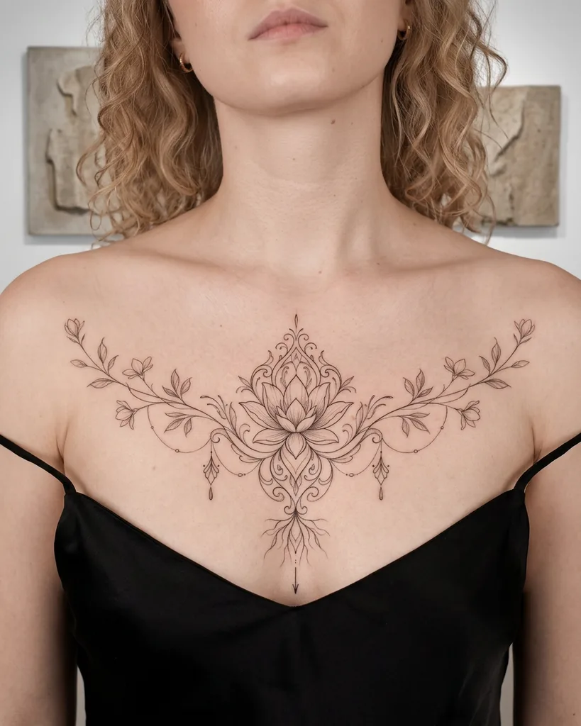 Lotus flower tattoo design for women, fine line style, on the sternum, on the sternum with intricate scrolls and leafy vines