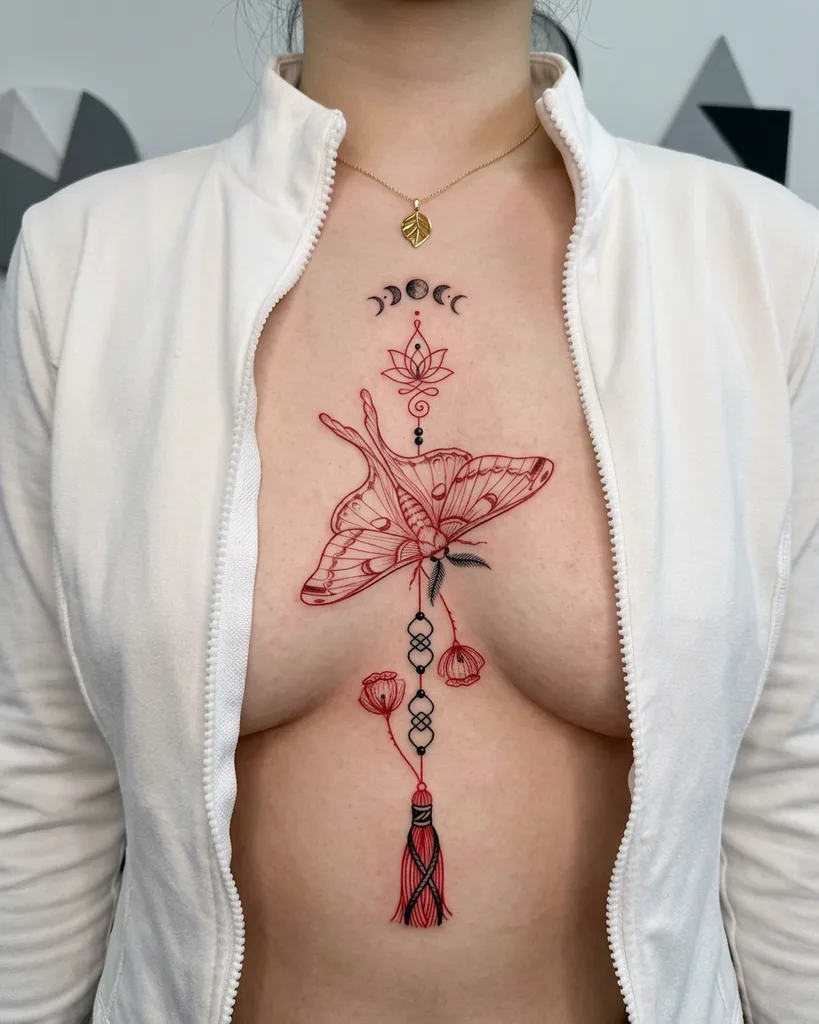 Moth tattoo design for women, fine line style, on the sternum, in red ink, with a lotus flower, moon phases, and a hanging tassel