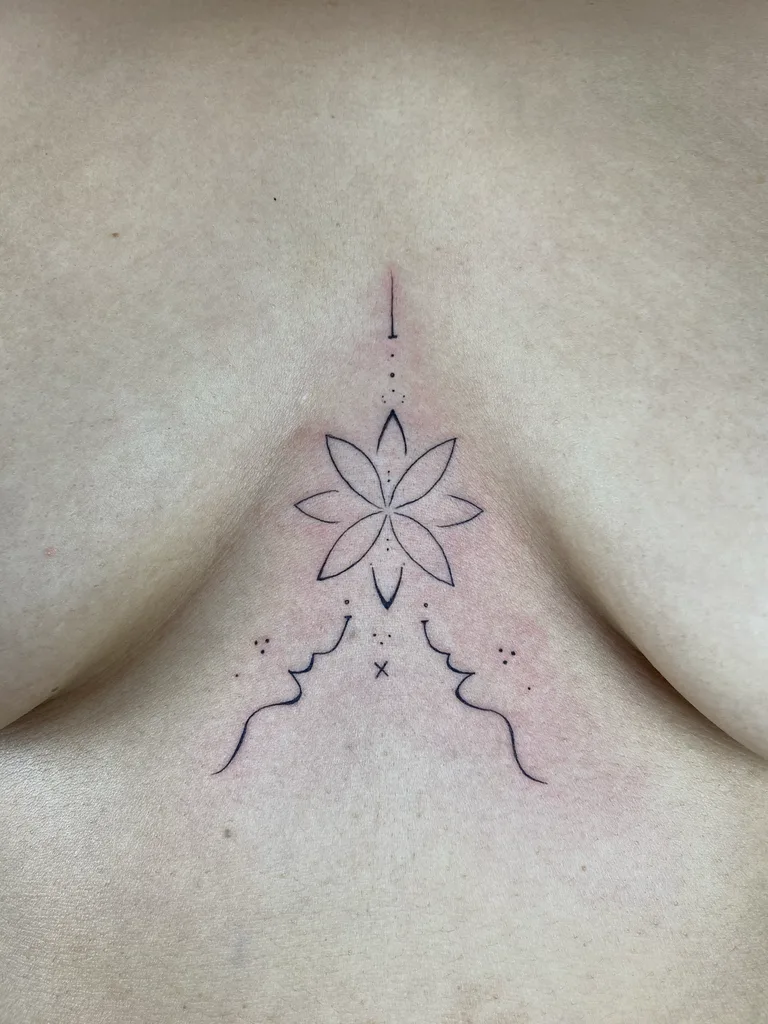 Ornamental flower tattoo design for women, fine line style, on the sternum, centered on the sternum with small dots and geometric lines
