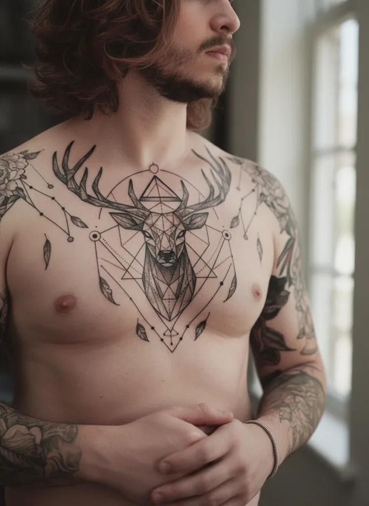 geometric-chest-men-deer-03a Deer tattoo design for men, geometric style, on the full chest, patterns and floating feathers surrounding it