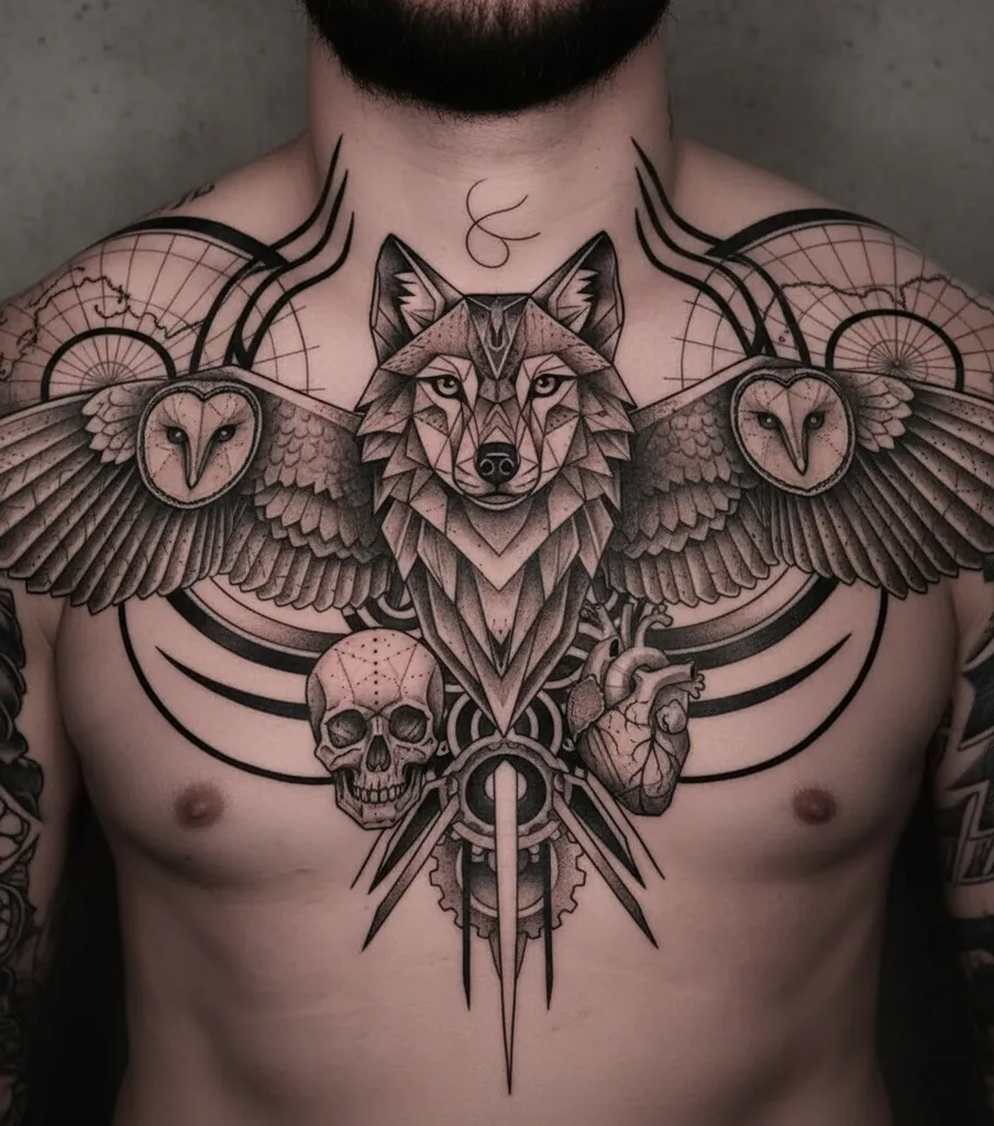 geometric-chest-men-wolf-02a Wolf tattoo design for men, geometric style, on the full chest, a wolf with outstretched wings and owls on either side, a skull and heart below