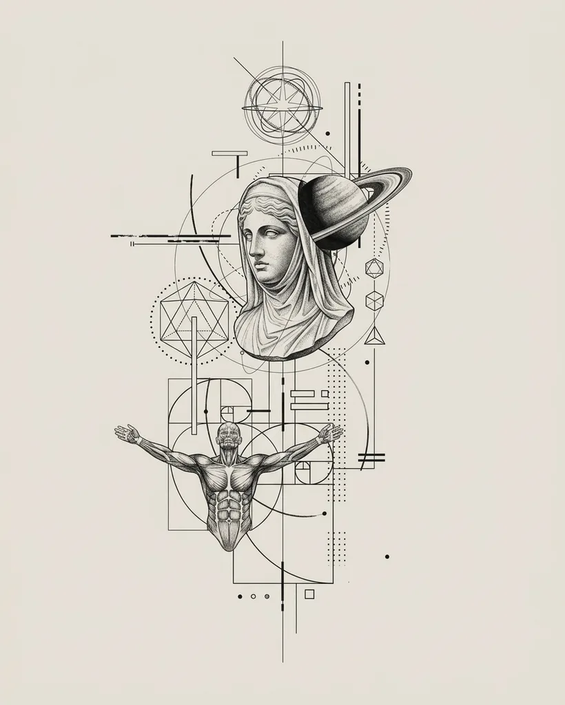 Geometric composition tattoo design, geometric style, large size for the half sleeve, thigh or full back, with a veiled bust and exposed muscles surrounded by mathematical patterns