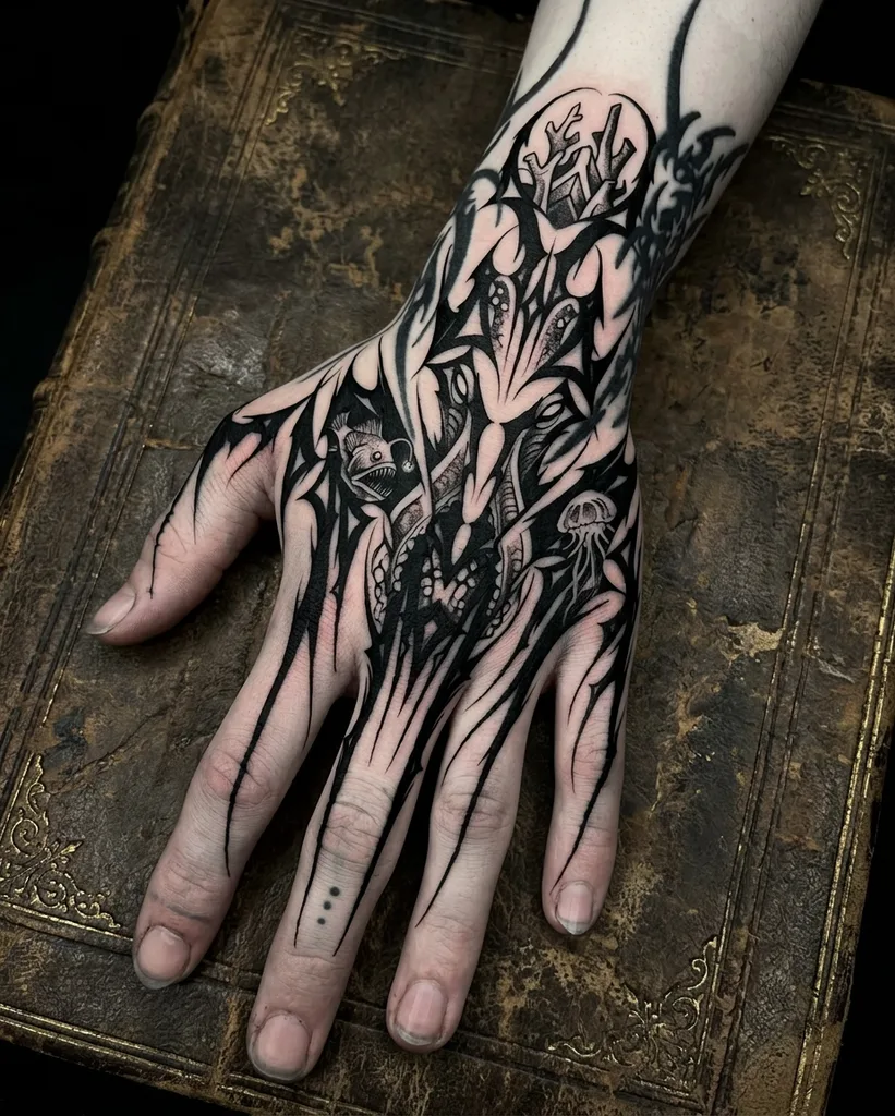 Abstract pattern tattoo design for men, gothic style, on the hand, extending onto the wrist and fingers, with a jellyfish and fish swimming