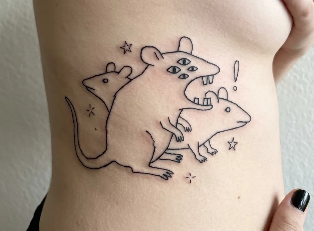 Rats tattoo design for women, ignorant style, on the full back, with three rats, the main one having multiple eyes and an open mouth with teeth