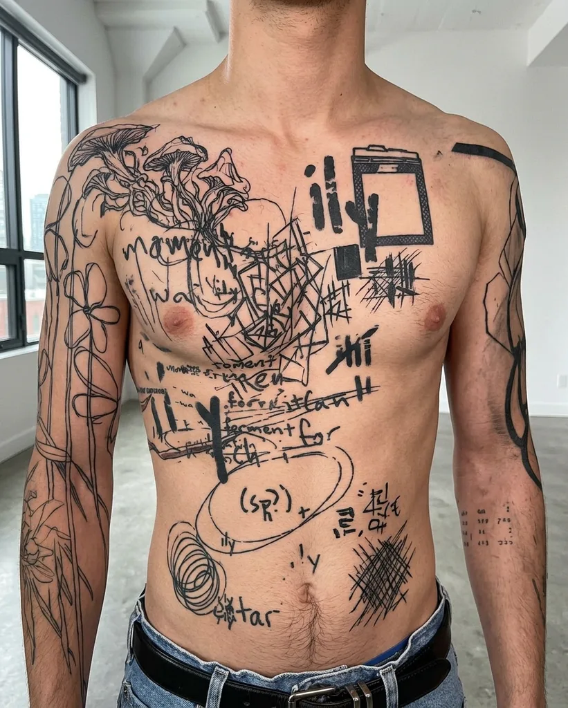 Abstract patterns tattoo design for men, ignorant style, on the full chest, with words and symbols scattered across the chest and stomach