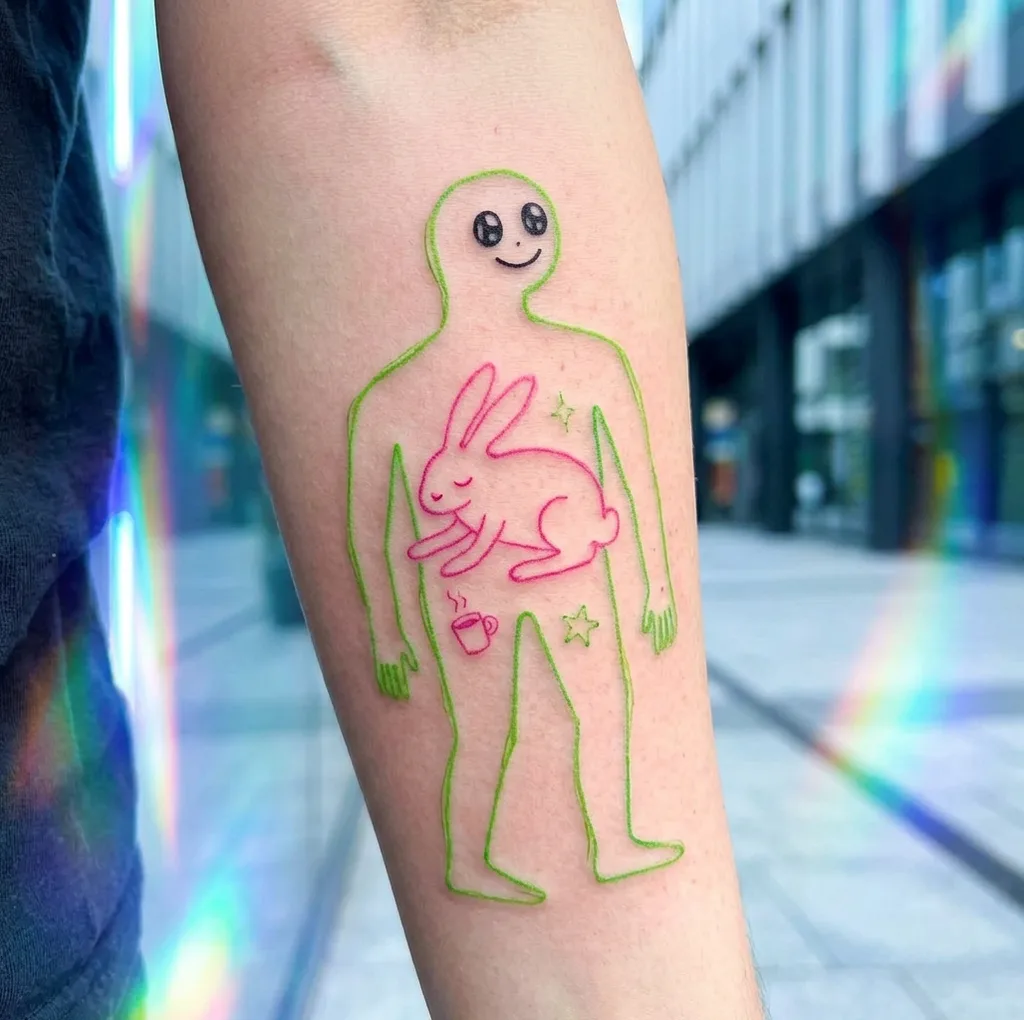 Abstract figure tattoo design for women, ignorant style, on the forearm, with a pink bunny and coffee cup inside a green outline of a person