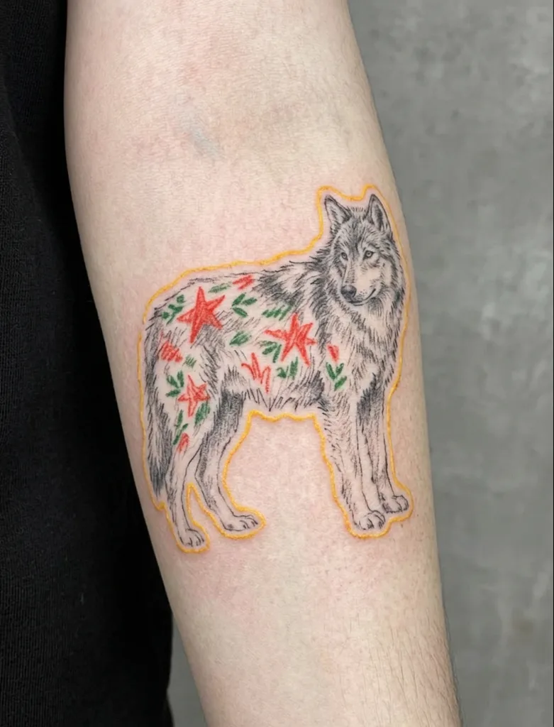 Wolf tattoo design for women, ignorant style, on the forearm, in profile with red stars and green leaves on its body, outlined in yellow