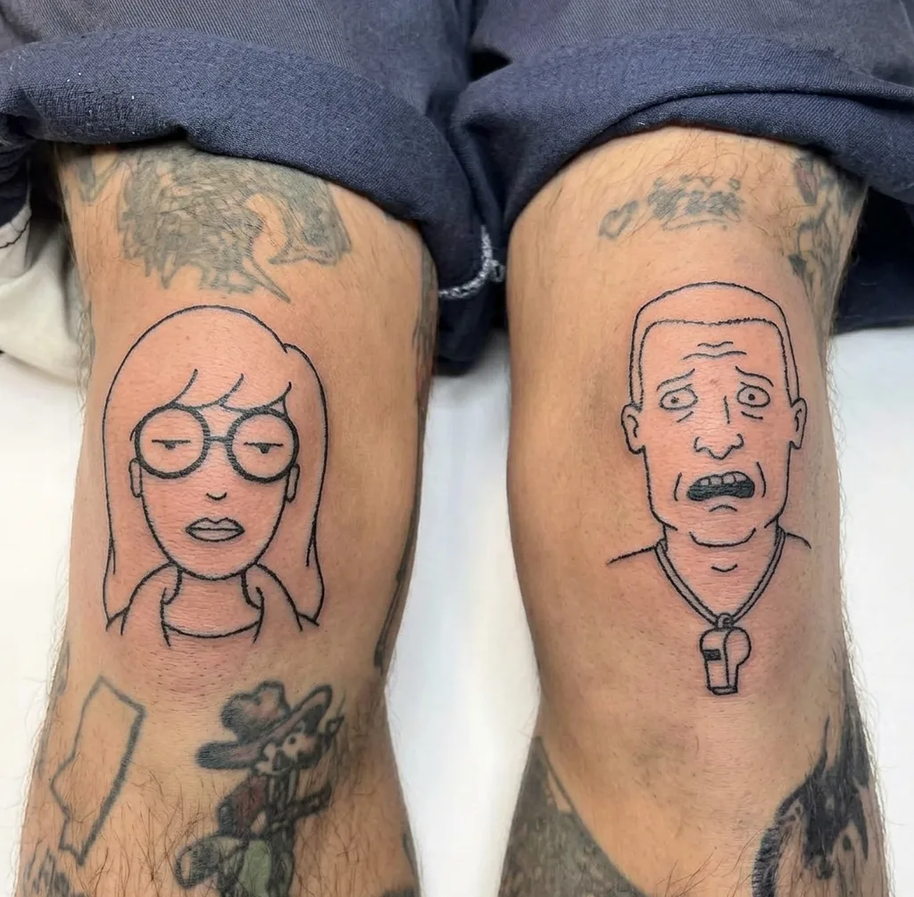 Cartoon characters tattoo design for men, ignorant style, on the knee, two cartoon portraits in black outline, one of a woman with glasses and another of a man with a whistle around his neck