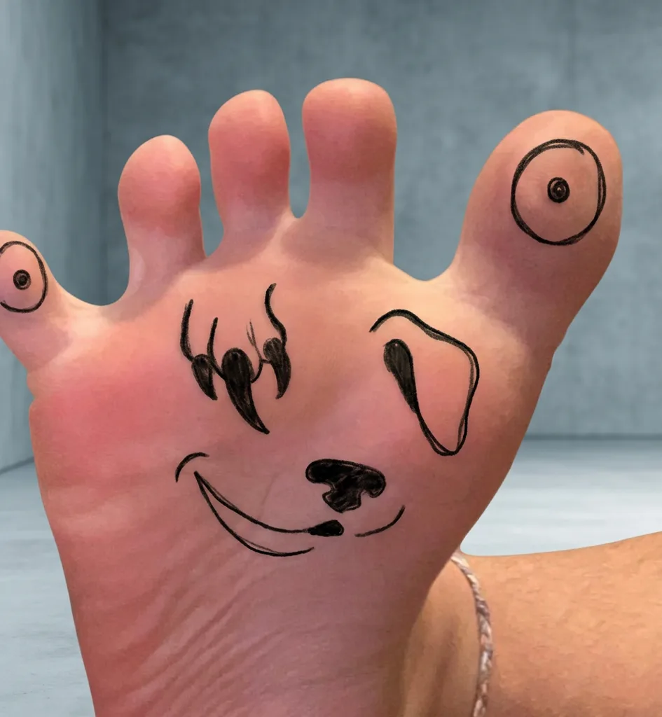Dog face tattoo design for men, ignorant style, on the full leg, drawn on the sole of a foot, with toes as eyes