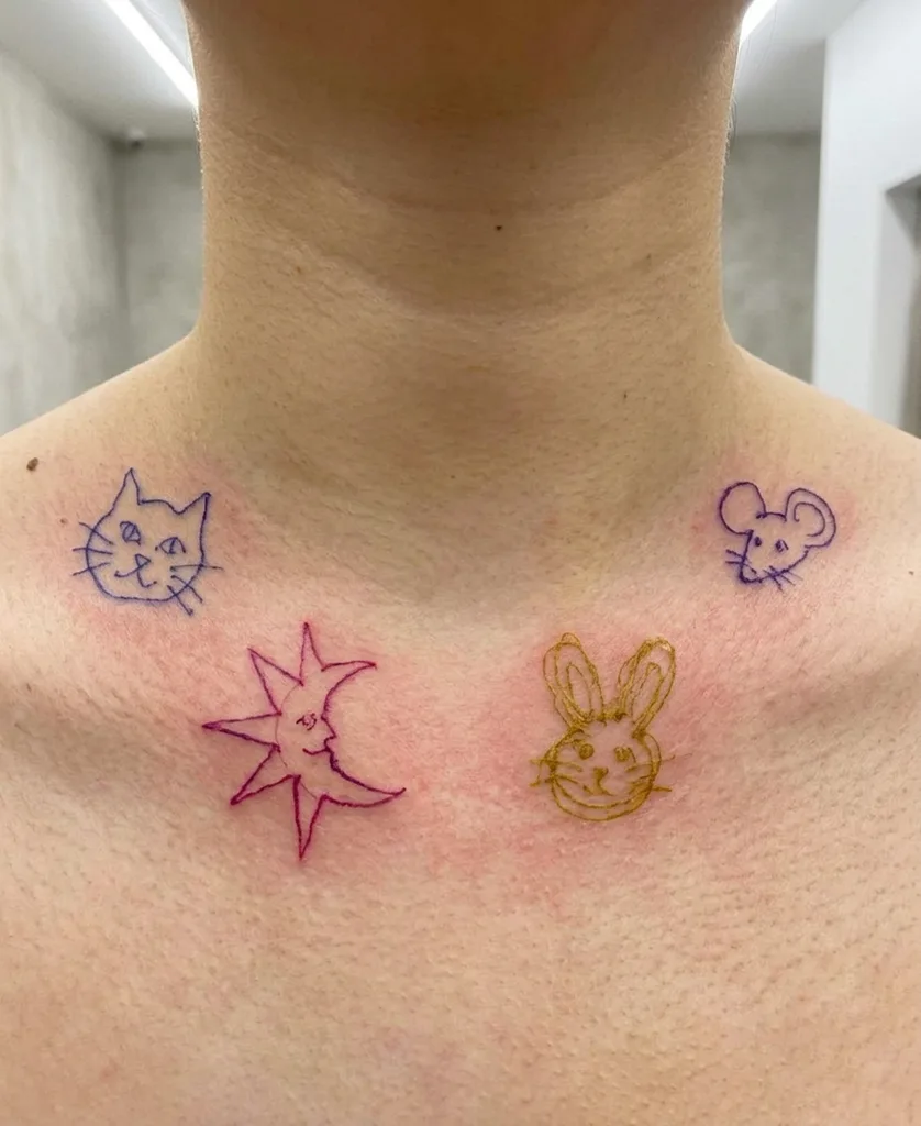 Multiple doodles tattoo design for women, ignorant style, on the neck, of a cat, mouse, sun and moon, and bunny, in various colors