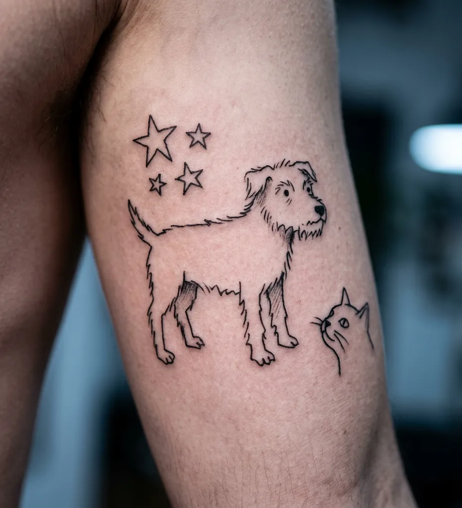 Dog and cat tattoo design for women, ignorant style, on the rib, looking at each other with stars above