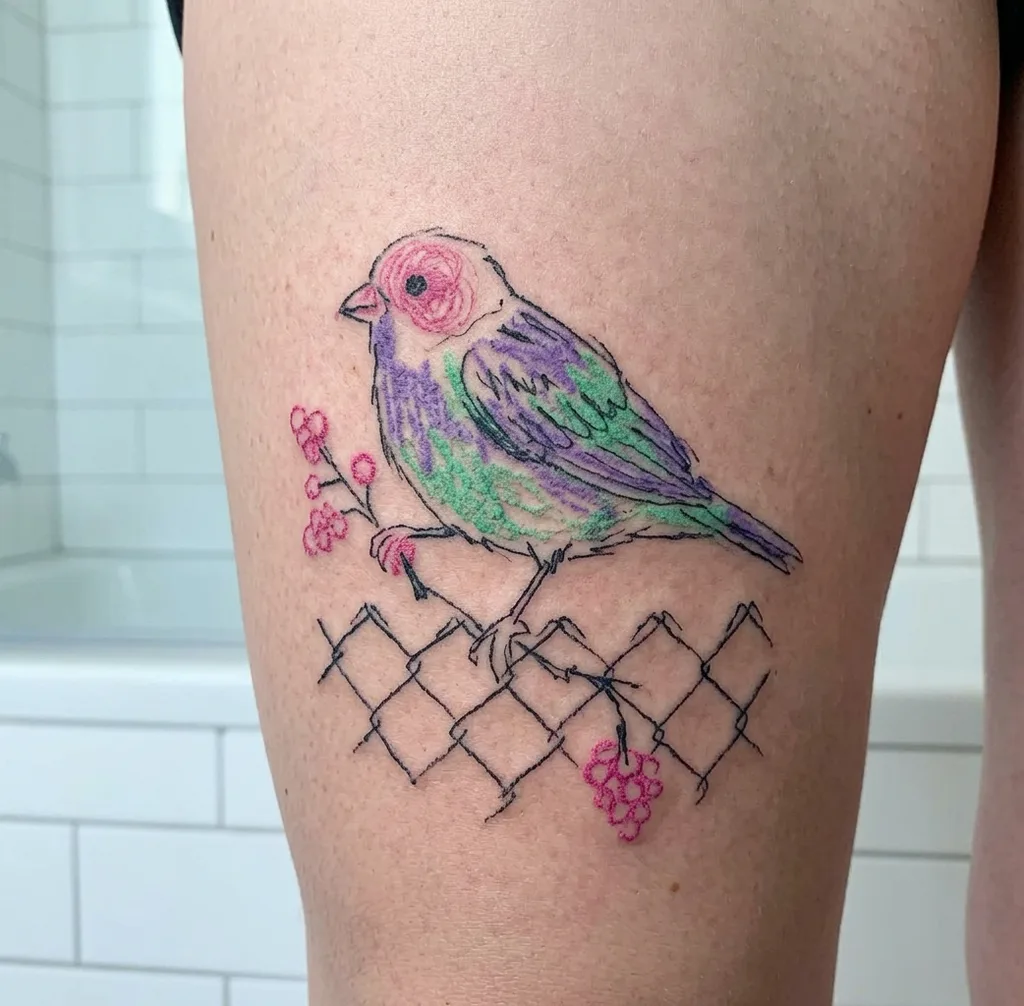 Bird tattoo design, ignorant style, on the shoulder, with a birdhouse-pink head and pastel green and purple body, perched on a chain-link fence with pink berries