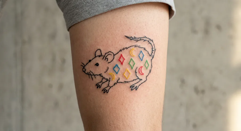 Rat tattoo design for women, ignorant style, on the upper arm, with colorful diamonds and crescent moons on its body, outlined in black ink